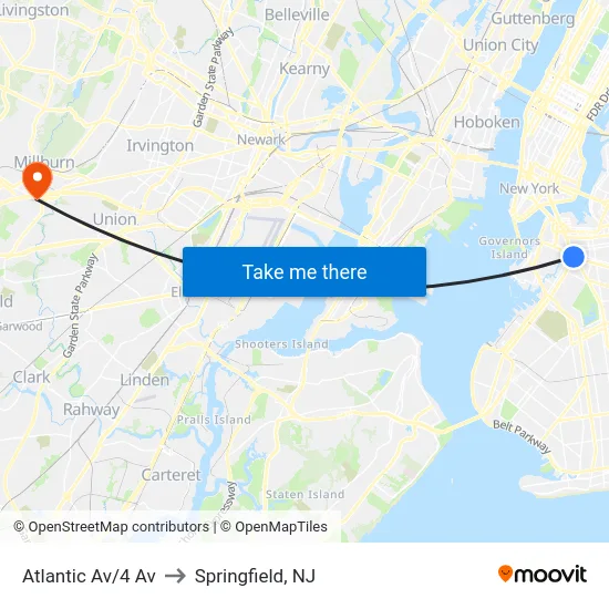 Atlantic Av/4 Av to Springfield, NJ map