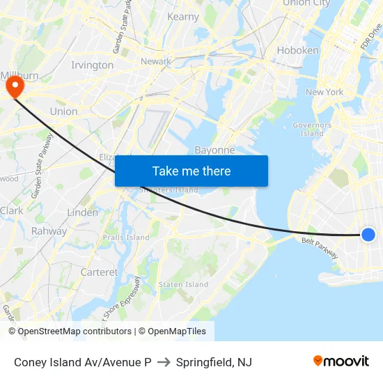 Coney Island Av/Avenue P to Springfield, NJ map