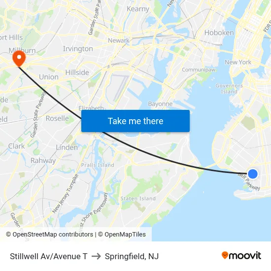 Stillwell Av/Avenue T to Springfield, NJ map