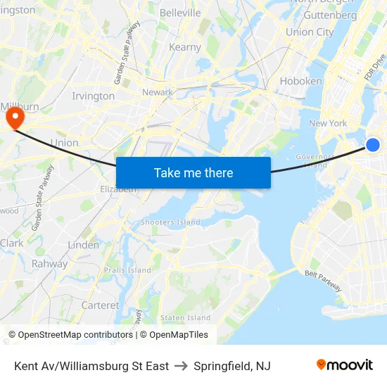 Kent Av/Williamsburg St East to Springfield, NJ map