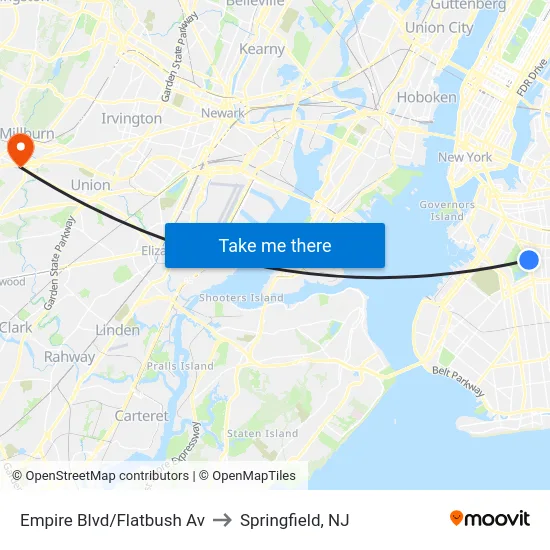 Empire Blvd/Flatbush Av to Springfield, NJ map