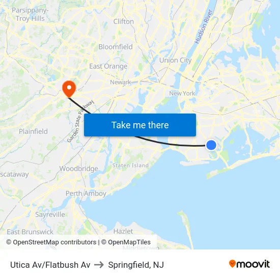 Utica Av/Flatbush Av to Springfield, NJ map