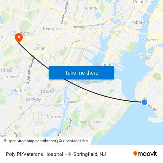 Poly Pl/Veterans Hospital to Springfield, NJ map