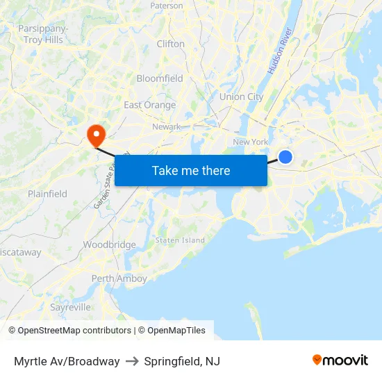 Myrtle Av/Broadway to Springfield, NJ map