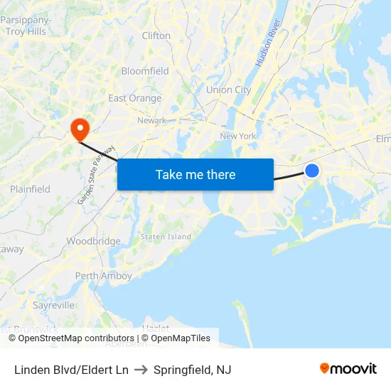 Linden Blvd/Eldert Ln to Springfield, NJ map