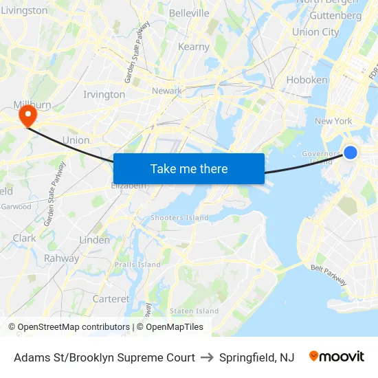 Adams St/Brooklyn Supreme Court to Springfield, NJ map