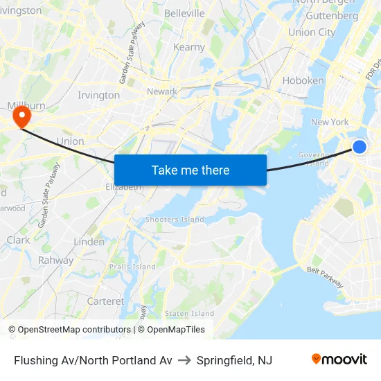 Flushing Av/North Portland Av to Springfield, NJ map