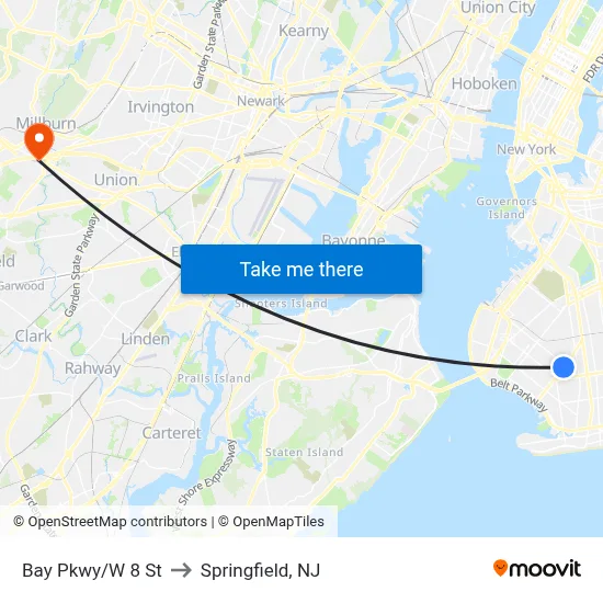 Bay Pkwy/W 8 St to Springfield, NJ map
