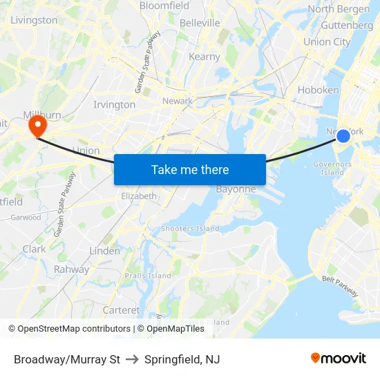 Broadway/Murray St to Springfield, NJ map