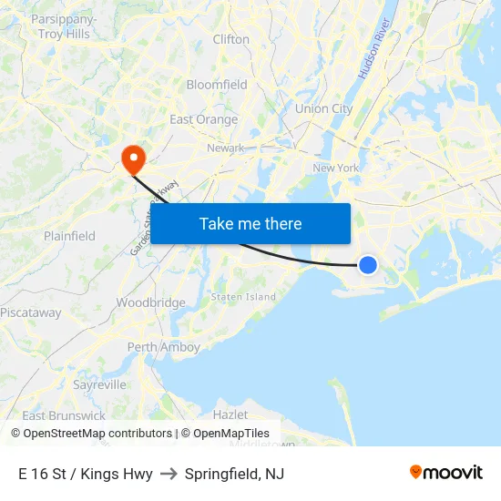 E 16 St / Kings Hwy to Springfield, NJ map