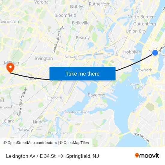 Lexington Av / E 34 St to Springfield, NJ map
