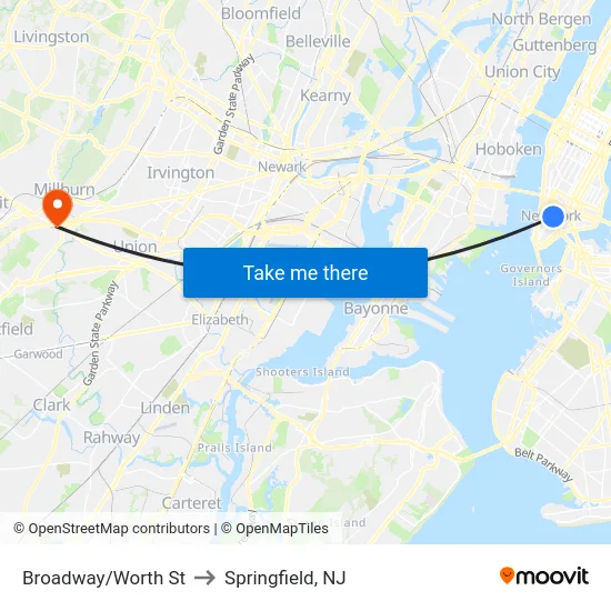 Broadway/Worth St to Springfield, NJ map