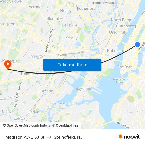 Madison Av/E 53 St to Springfield, NJ map