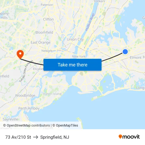 73 Av/210 St to Springfield, NJ map