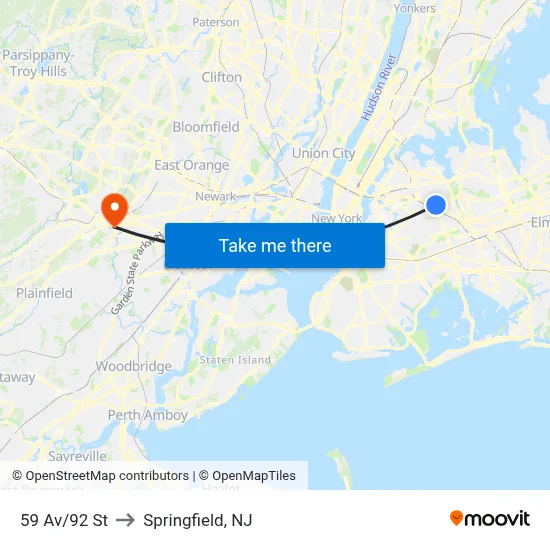 59 Av/92 St to Springfield, NJ map