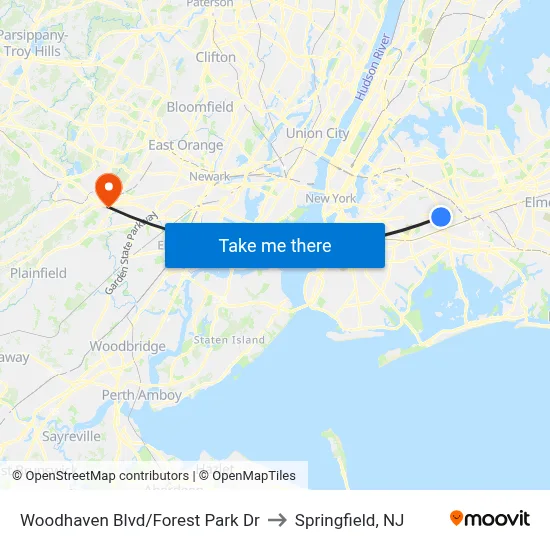 Woodhaven Blvd/Forest Park Dr to Springfield, NJ map