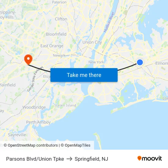 Parsons Blvd/Union Tpke to Springfield, NJ map
