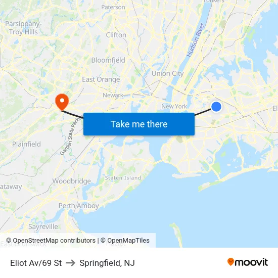 Eliot Av/69 St to Springfield, NJ map