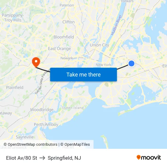 Eliot Av/80 St to Springfield, NJ map