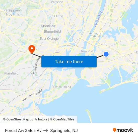 Forest Av/Gates Av to Springfield, NJ map