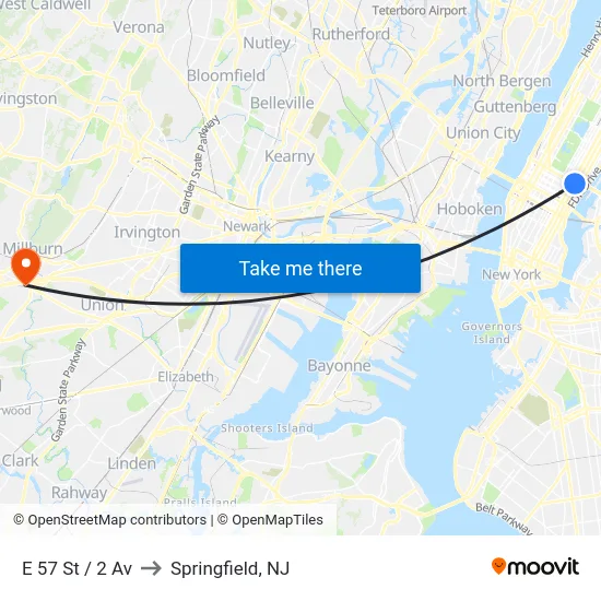 E 57 St / 2 Av to Springfield, NJ map
