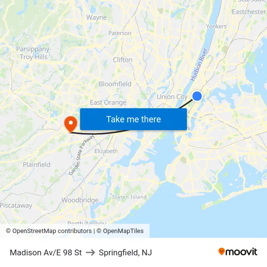 Madison Av/E 98 St to Springfield, NJ map
