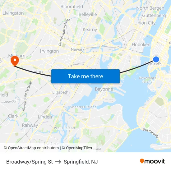 Broadway/Spring St to Springfield, NJ map