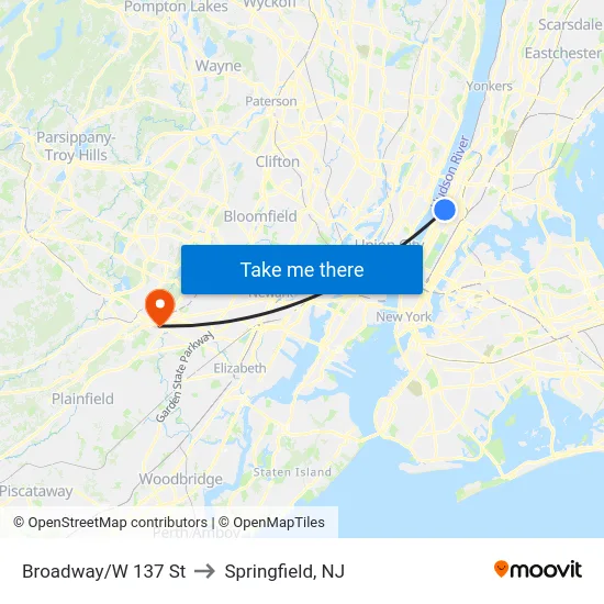 Broadway/W 137 St to Springfield, NJ map