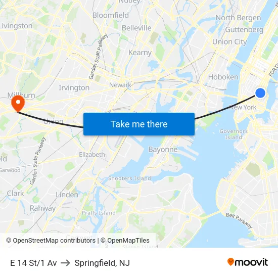 E 14 St/1 Av to Springfield, NJ map