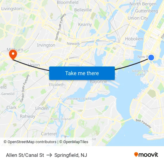 Allen St/Canal St to Springfield, NJ map