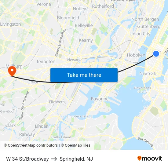 W 34 St/Broadway to Springfield, NJ map