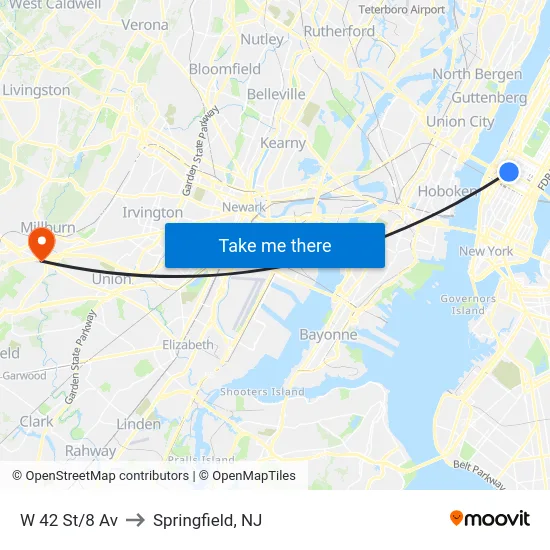 W 42 St/8 Av to Springfield, NJ map