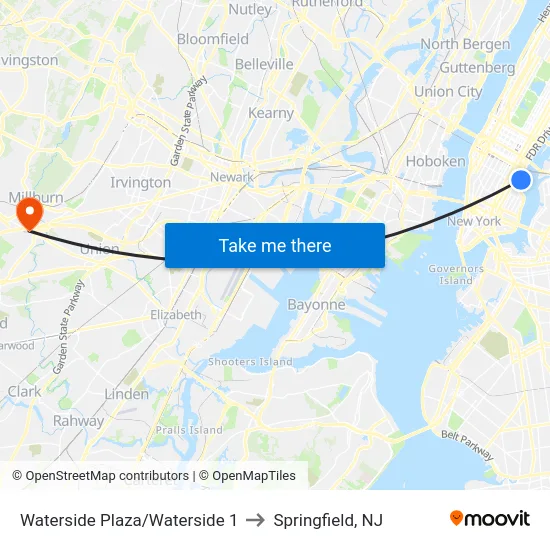 Waterside Plaza/Waterside 1 to Springfield, NJ map