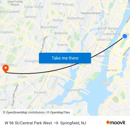 W 96 St/Central Park West to Springfield, NJ map
