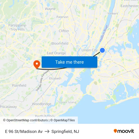 E 96 St/Madison Av to Springfield, NJ map