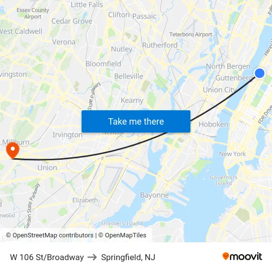 W 106 St/Broadway to Springfield, NJ map
