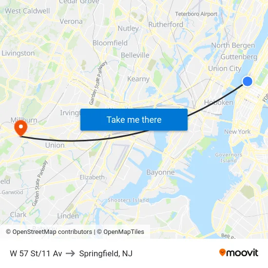 W 57 St/11 Av to Springfield, NJ map
