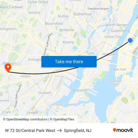 W 72 St/Central Park West to Springfield, NJ map