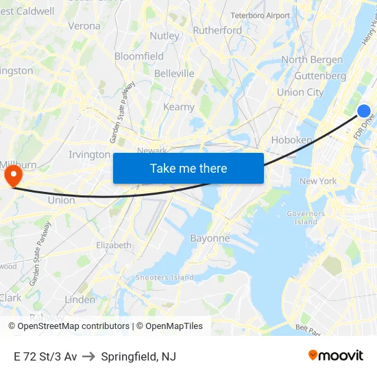 E 72 St/3 Av to Springfield, NJ map