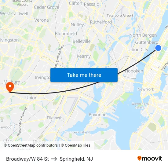 Broadway/W 84 St to Springfield, NJ map
