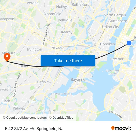 E 42 St/2 Av to Springfield, NJ map