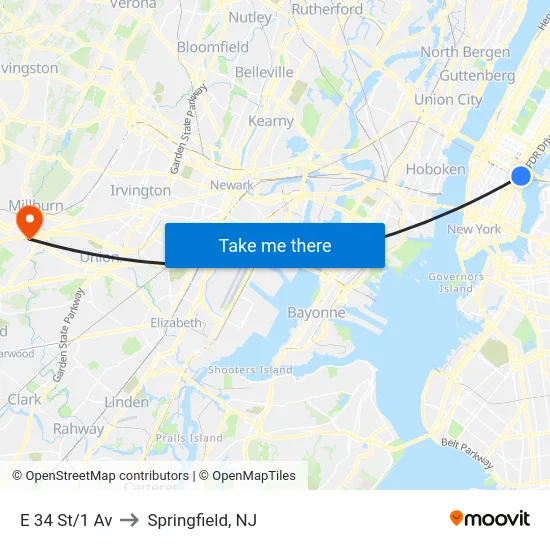 E 34 St/1 Av to Springfield, NJ map