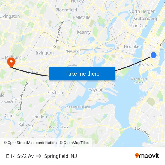 E 14 St/2 Av to Springfield, NJ map