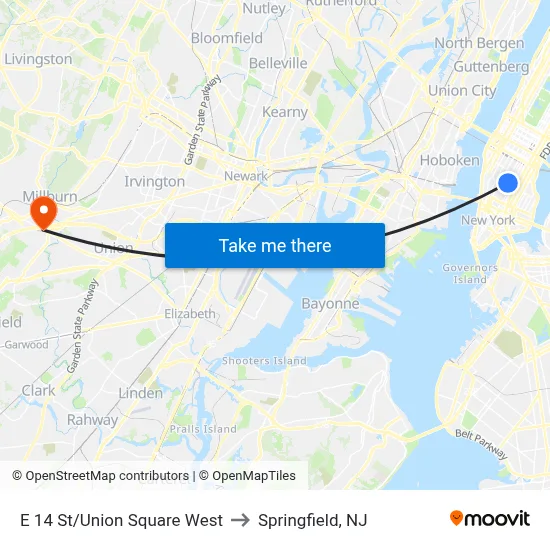 E 14 St/Union Square West to Springfield, NJ map