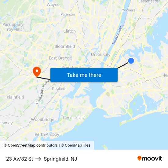 23 Av/82 St to Springfield, NJ map