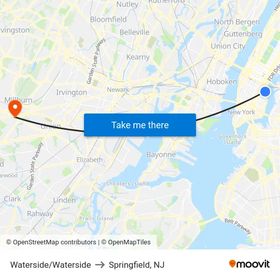 Waterside/Waterside to Springfield, NJ map