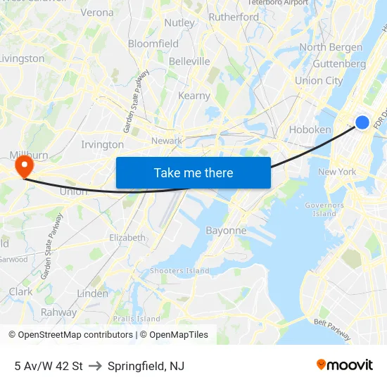 5 Av/W 42 St to Springfield, NJ map