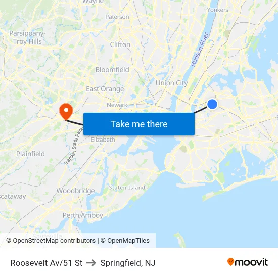 Roosevelt Av/51 St to Springfield, NJ map
