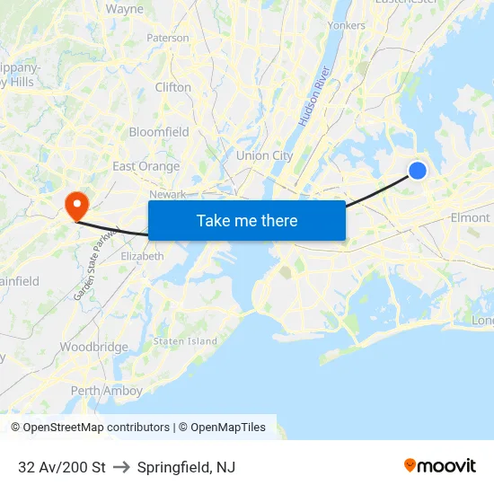 32 Av/200 St to Springfield, NJ map