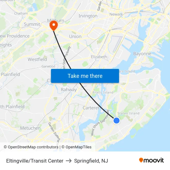 Eltingville/Transit Center to Springfield, NJ map